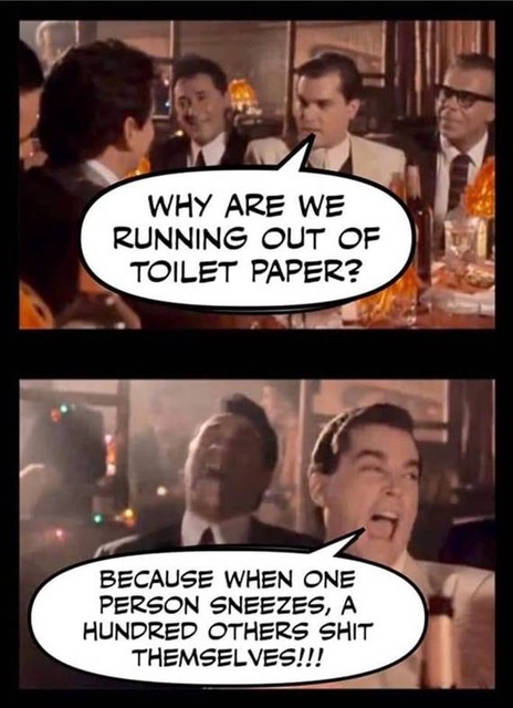 Image may contain: 4 people, possible text that says 'WHY ARE WE RUNNING OUT OF TOILET PAPER? BECAUSE WHEN ONE PERSON SNEEZES, A HUNDRED OTHERS SHIT THEMSELVES!!!'